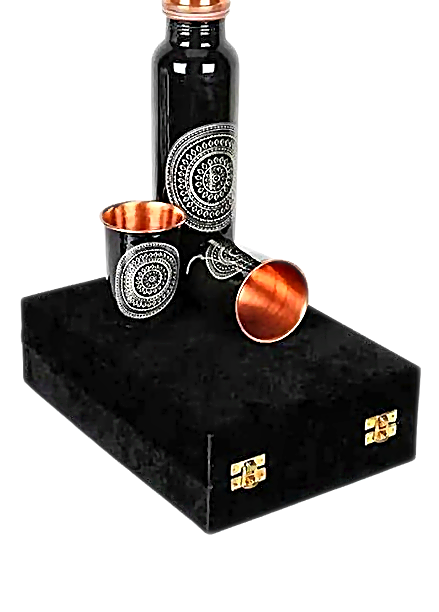 Q7 Black Meenakari Copper Bottle Gift Set Box